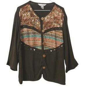 Napa Valley Woman Brown Floral Embroidered Button Front Cardigan Top 20W